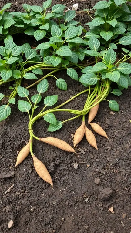 19+ Must-Grow Fall Garden Vegetables for a Bountiful Harvest 17 Healthy sweet potato plants with green leaves and tubers in the soil.