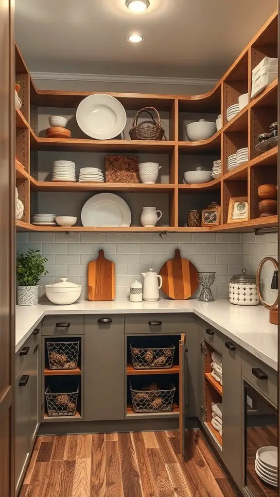 17+ Creative L Shaped Pantry Ideas for Your Kitchen 16 A well-organized pantry featuring open shelving with plates, bowls, and decorative items.