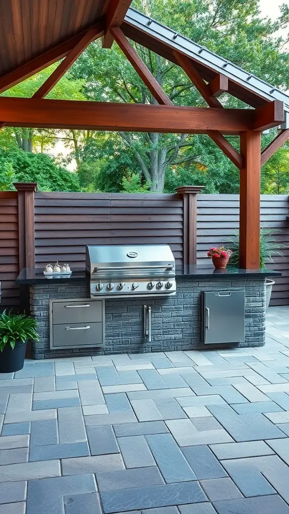 An outdoor grill island with a modern design, featuring a stainless steel grill and stone countertops.