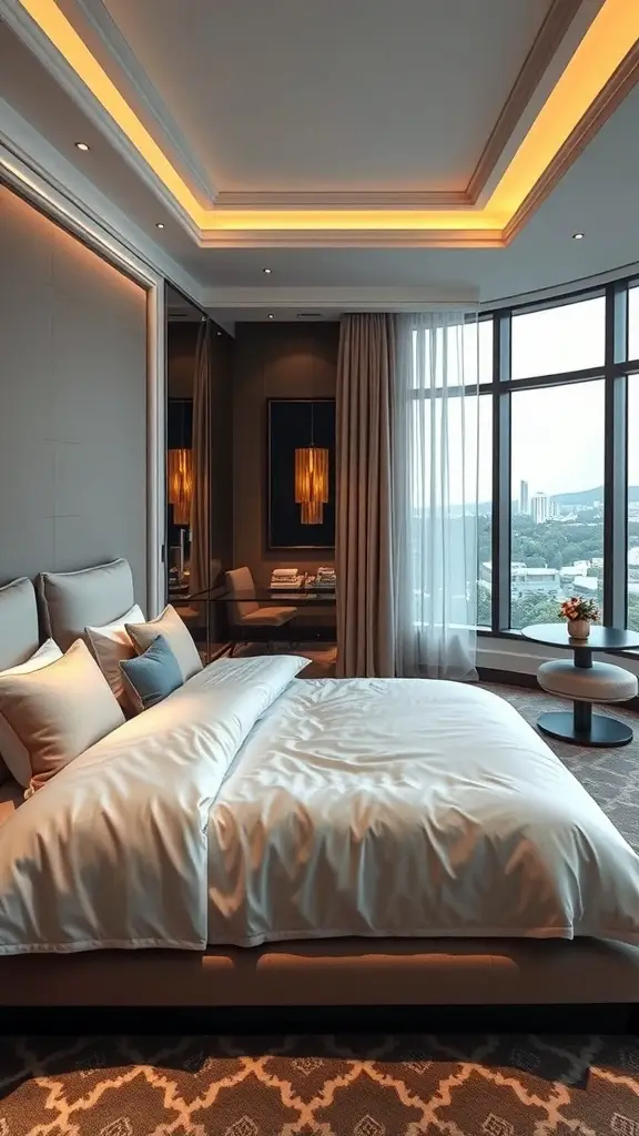 Luxurious hotel-inspired bedroom with a plush bed, large windows, and elegant decor.
