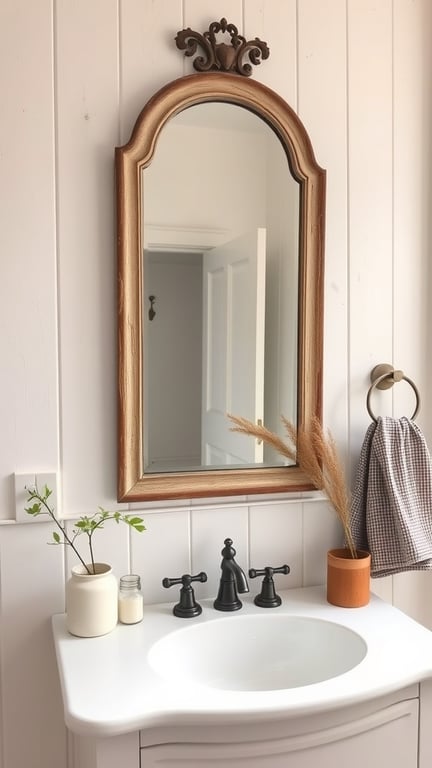 31+ Inspiring Farmhouse Bathroom Ideas You’ll Love 16 A vintage mirror with a wooden frame and decorative top above a white sink in a farmhouse bathroom.