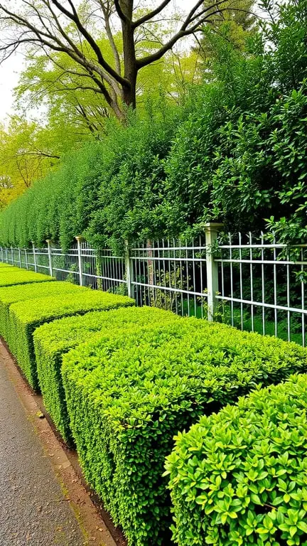 19+ Stunning Backyard Plants to Grow Along Your Fence 5 A row of neatly trimmed boxwood hedges along a fence, providing structured privacy in a backyard.