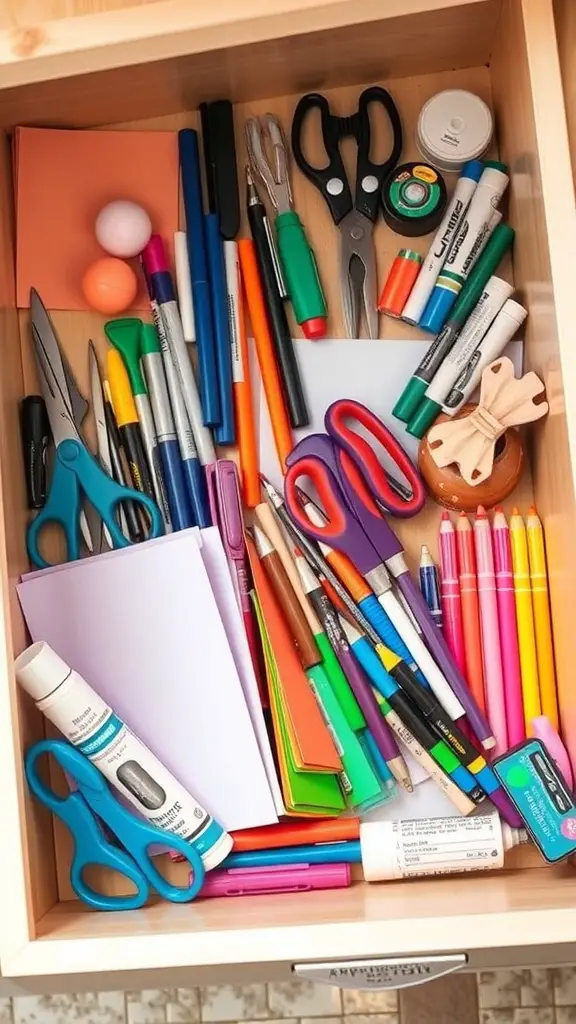 21+ Creative Drawer Organization Ideas for a Clutter-Free Home 13 A messy drawer filled with various craft supplies including markers, scissors, and colored paper.
