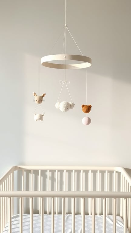 27+ Adorable Gender Neutral Baby Nursery Ideas You’ll Love 12 A gender-neutral nursery mobile featuring a deer, cloud, and bear above a crib.