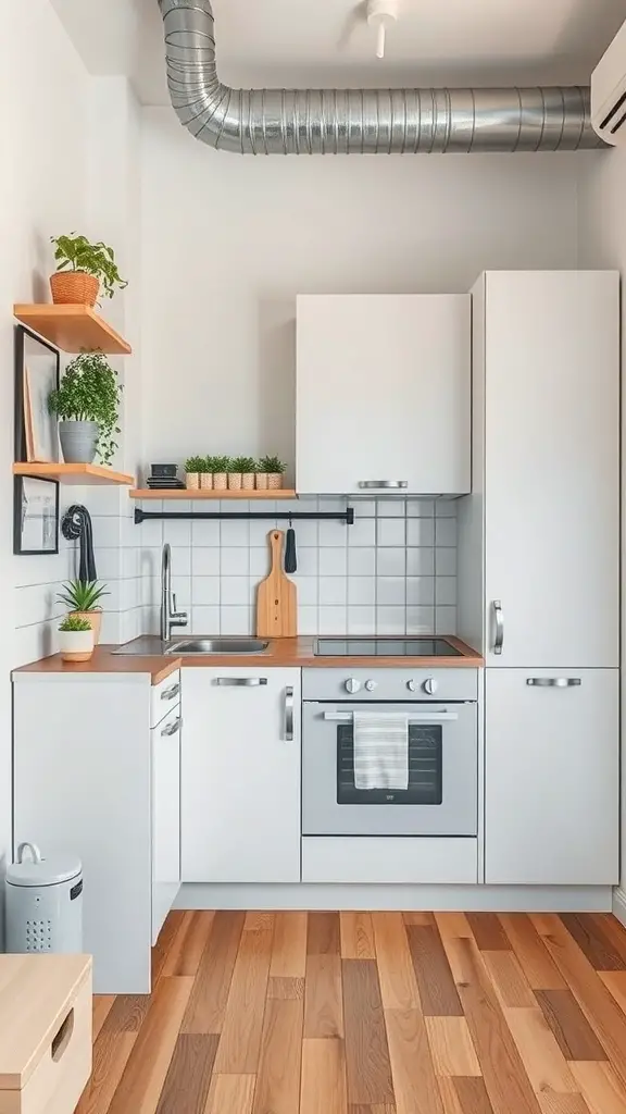 23+ Creative Bloxburg Kitchen Ideas to Transform Your Space 6 A compact kitchen with white cabinets, wooden countertops, and open shelving, showcasing plants and kitchen tools.