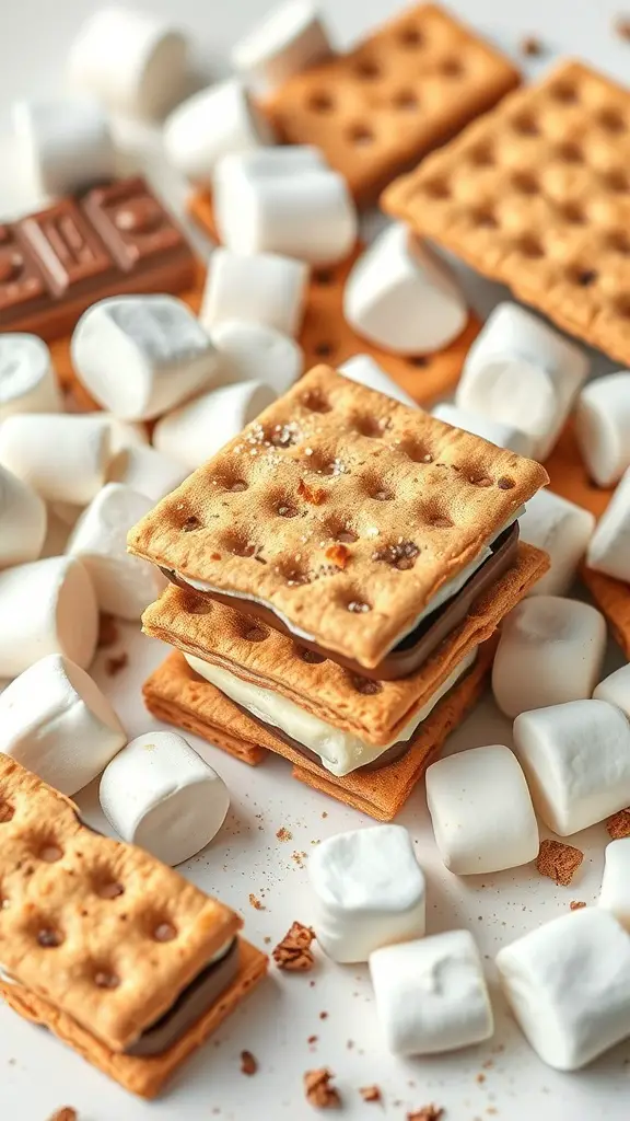 19+ Unique Fall Birthday Party Ideas for an Unforgettable Celebration 11 A close-up of graham crackers, chocolate, and marshmallows arranged for a s'mores bar.