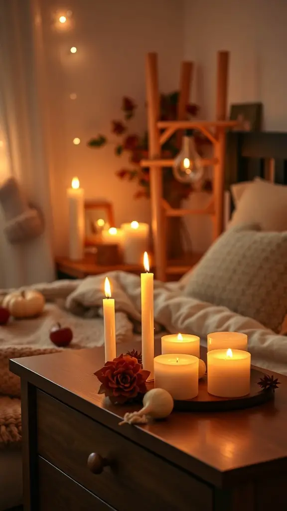 33+ Cozy Fall Bedroom Decor Ideas to Transform Your Space 7 A cozy bedroom scene featuring candles on a nightstand, surrounded by soft blankets and autumn decorations.