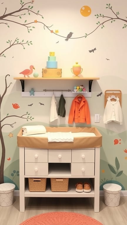 21+ Creative Baby Changing Station Ideas for Every Nursery 13 A baby changing station with a nature-themed wall design, featuring a changing table, shelves, and decorative items.