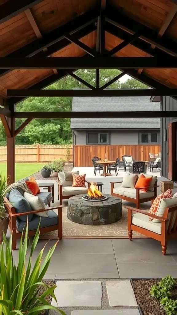 25+ Inspiring Modern Barndominium Ideas You’ll Love 16 Cozy outdoor seating area with a fire pit, surrounded by greenery and modern design elements.