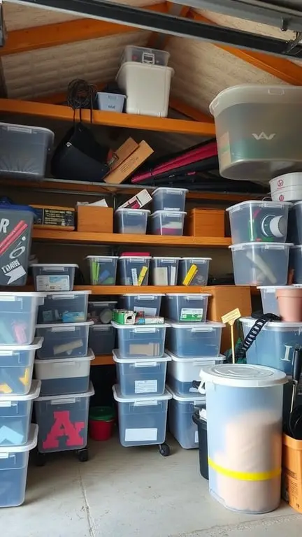 19+ Creative Garage Loft Storage Ideas You Need to Try 14 Organized garage loft storage with clear containers stacked on shelves.
