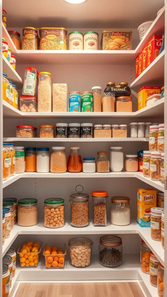 17+ Stylish DIY Pantry Shelf Ideas to Organize Your Space 14 A well-organized pantry with color-coded shelves and various containers.