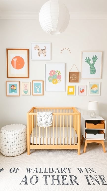 25+ Adorable Newborn Room Ideas to Inspire Your Nursery Design 4 A colorful nursery with a crib, wall art displays, and soft lighting.