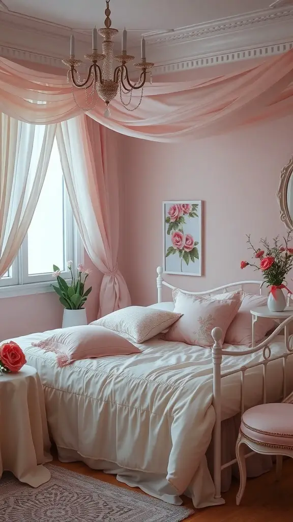 A beautifully decorated bedroom with pastel pink walls, elegant drapes, a chandelier, and floral accents.