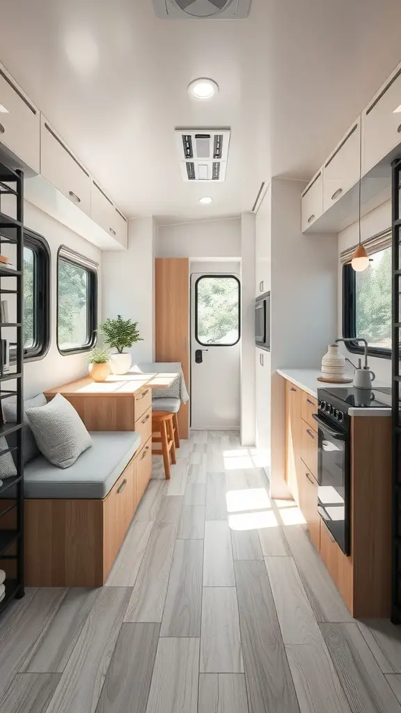Cozy mobile home interior with artistic wall treatments, featuring inspiring wall art and plants.