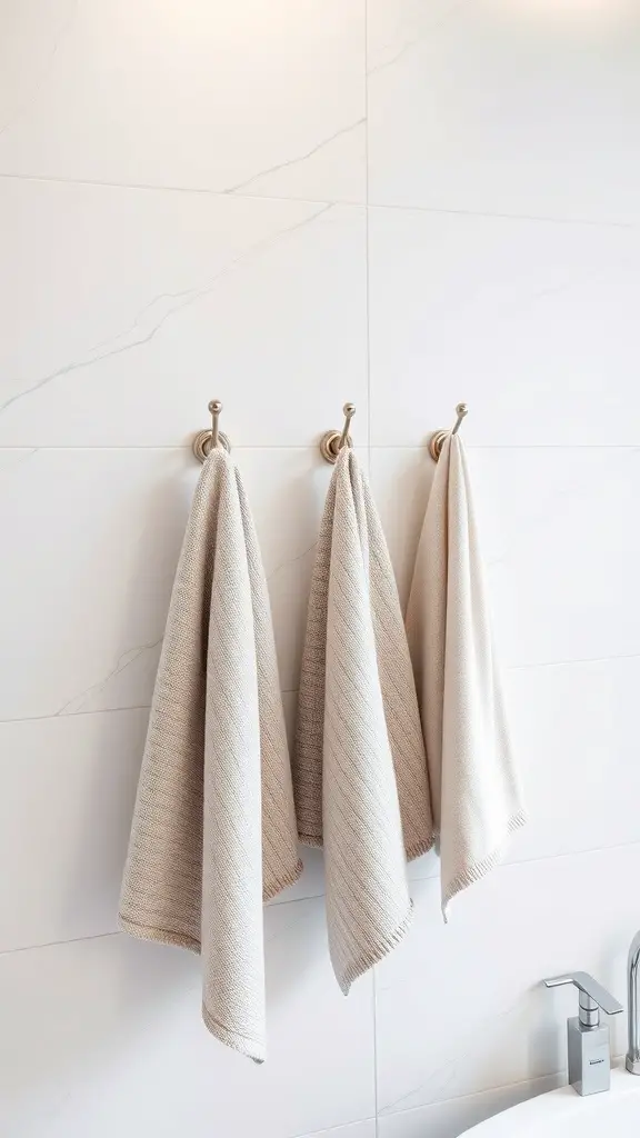 Three towels hanging on wall hooks in a modern bathroom