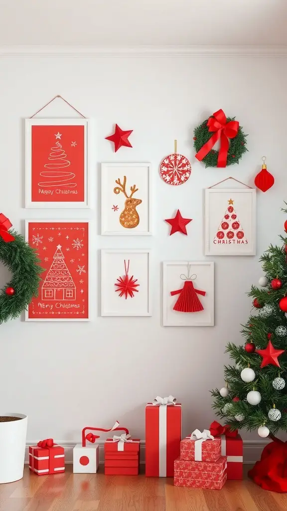 Chic red and white Christmas wall art with festive decorations