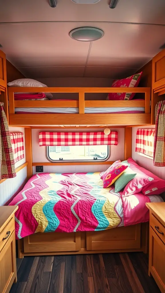 23 Creative Camper Bunk Bed Ideas for Your Next Adventure 16 A cozy camper interior featuring a bunk bed with colorful bedding and checkered curtains.
