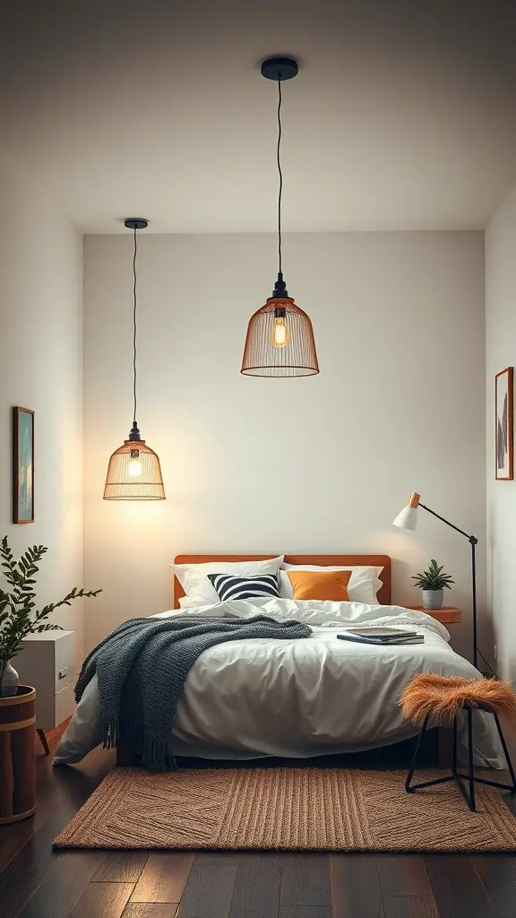 25+ Must-Have Items for a Cozy Scandinavian Bedroom 5 A cozy Scandinavian bedroom featuring stylish pendant lights and a warm color palette.