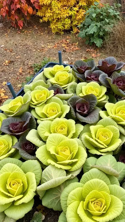 19+ Must-Grow Fall Garden Vegetables for a Bountiful Harvest 10 A vibrant display of green and red lettuce varieties in a garden setting, surrounded by autumn foliage.