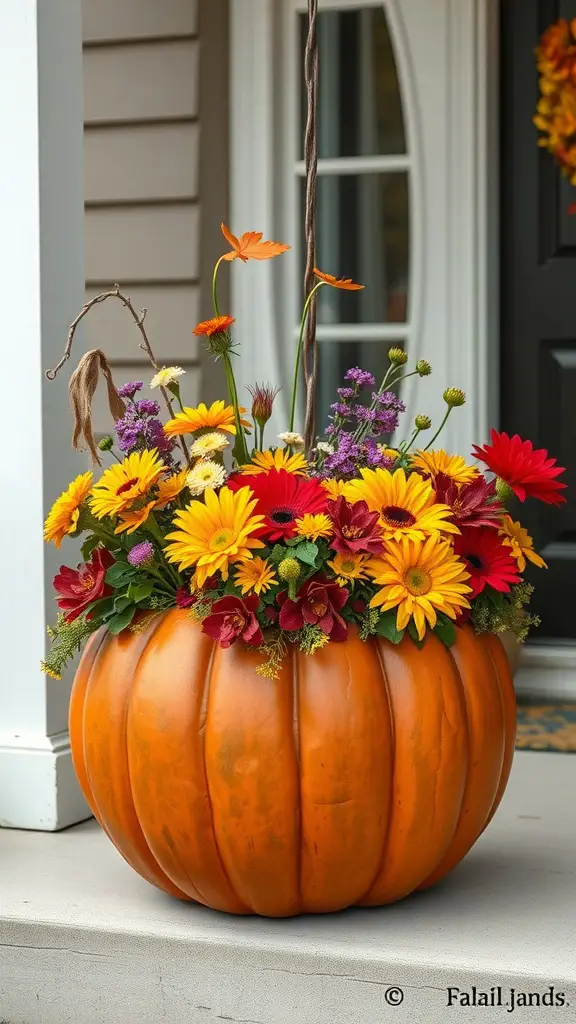 25+ Unique Fall Pumpkin Crafts to Try This Season 10 A vibrant pumpkin planter filled with colorful fall flowers, showcasing yellows, reds, and purples.