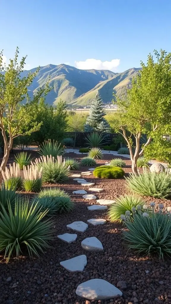 27+ Creative Xeriscape Landscaping Ideas for a Sustainable Garden 14 A xeriscape garden featuring drought-resistant plants and a stone pathway with mountains in the background.