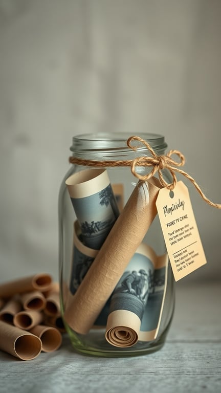 15 Creative Ways to Store and Display Old Photos 3 A glass jar filled with rolled-up photos and a tag, showcasing a creative way to store old memories.