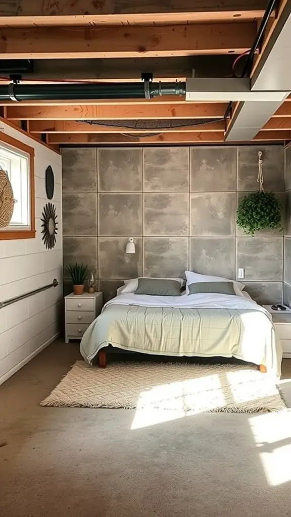 19+ Cozy Unfinished Basement Ideas to Transform Your Space 13 Cozy unfinished basement guest room with a bed, nightstand, and natural light.