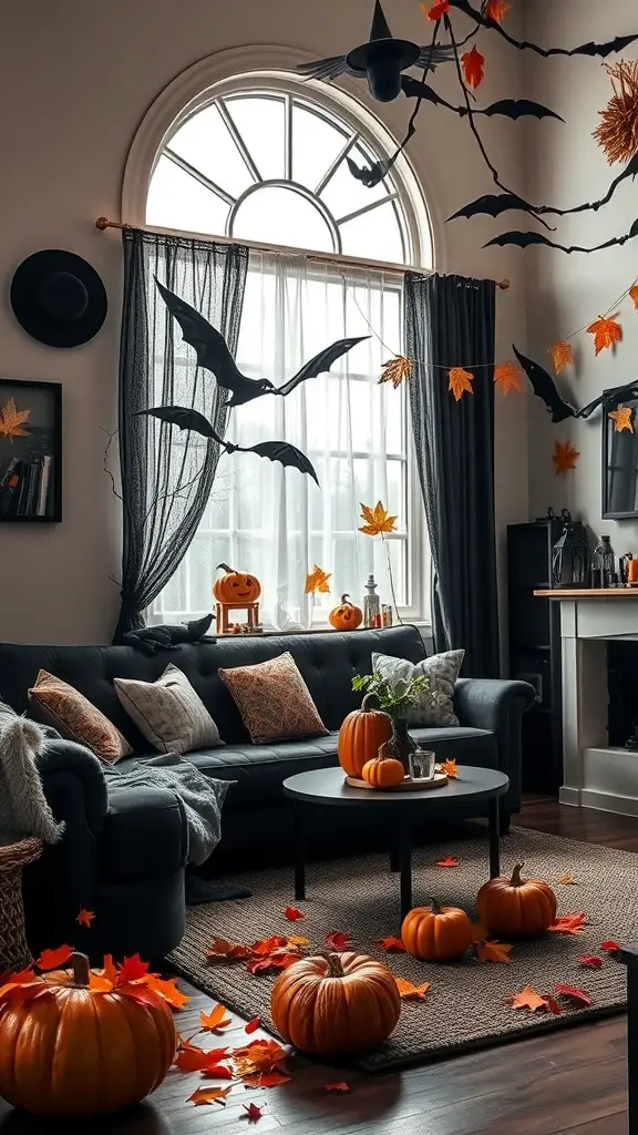 31+ Magical Decor Ideas for a Witchy Living Room 12 A cozy living room decorated for autumn with pumpkins, bats, and colorful leaves.