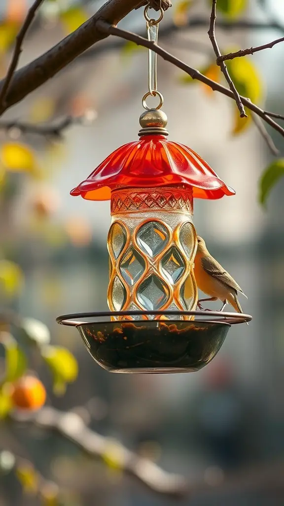 A glass bird feeder hanging from a tree with birds around it.
