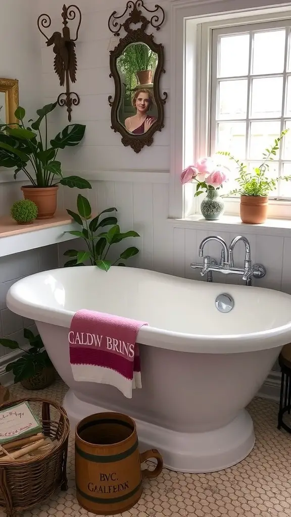 23+ Stunning Ideas for Decorating Your Garden Tub in the Master Bath 12 A vintage garden tub surrounded by plants and an antique clock.