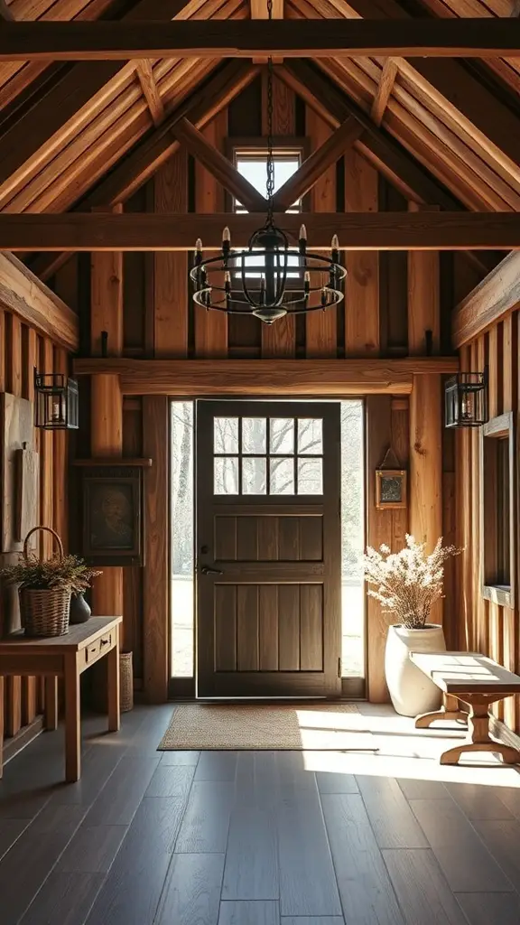 25+ Inspiring Modern Barndominium Ideas You’ll Love 6 A charming barndominium entryway featuring wooden walls, a dark door, and stylish lighting.