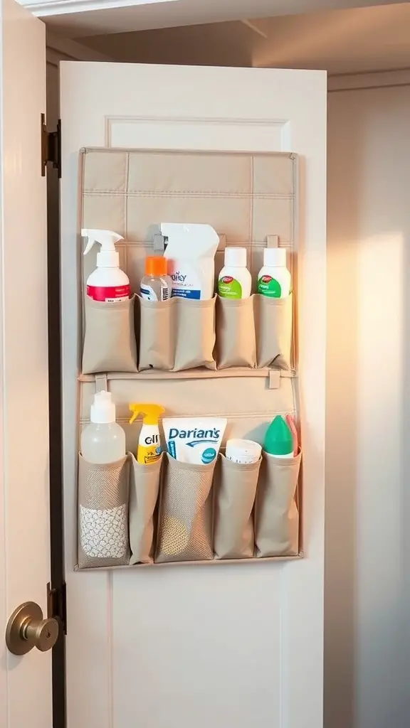 23+ Creative Under Sink Bathroom Organization Ideas with 15 Must-Have Items 6 A hanging organizer with various cleaning supplies attached to a cabinet door.