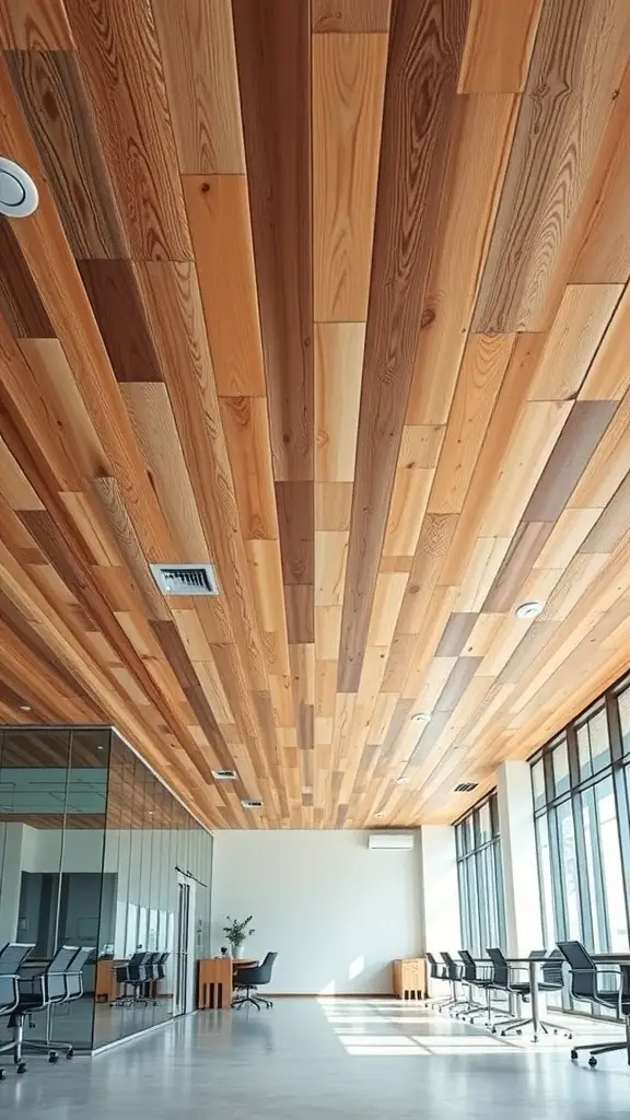 Natural wood plank ceiling in a modern office space
