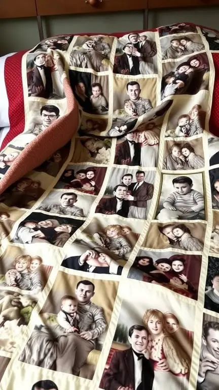 15 Creative Ways to Store and Display Old Photos 5 A cozy bed with a quilt made from various family photos.