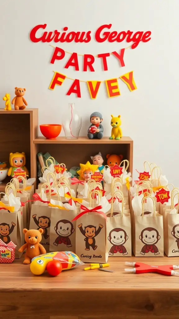 23+ Creative Curious George Birthday Party Ideas for a Fun Celebration 10 Colorful Curious George party favors displayed on a table with toys and decorations.