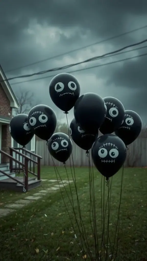 23+ Spooky DIY Outdoor Halloween Decorations to Enchant Your Yard 10 Black balloons with spooky faces in a yard under a cloudy sky