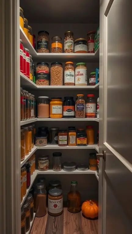 A well-organized pantry with jars and containers on shelves, showcasing vertical storage solutions.