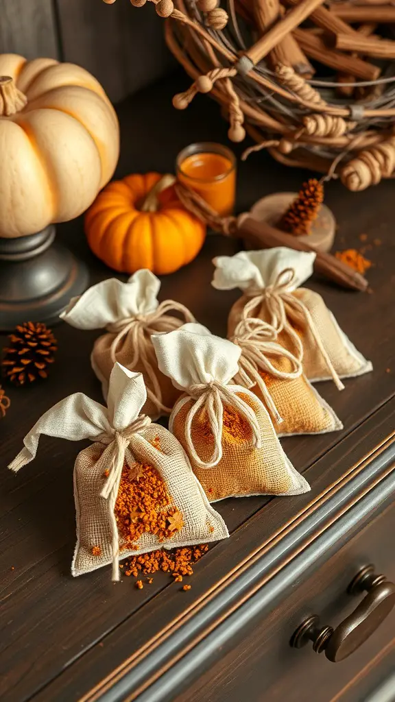 25+ Unique Fall Pumpkin Crafts to Try This Season 15 Pumpkin pie scented sachets on a wooden surface with pumpkins and a candle