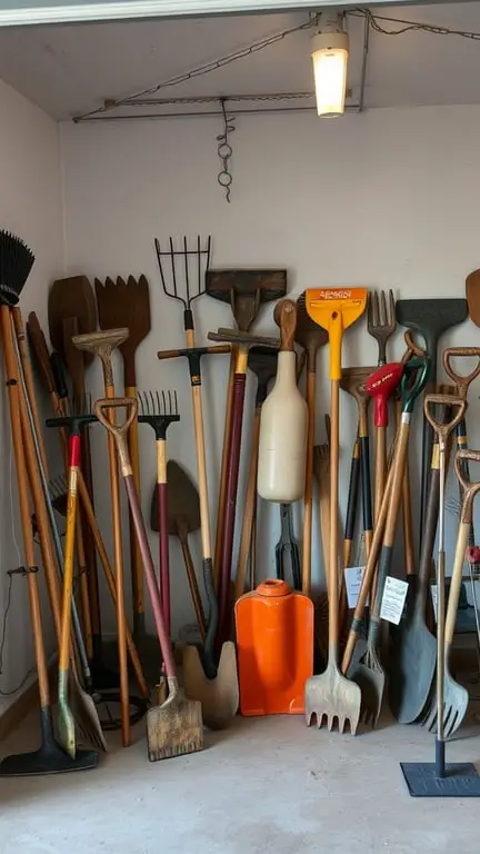 25+ Creative Garage Art Ideas to Transform Your Space 4 A collection of garden tools displayed in a garage, featuring various shovels, rakes, and an orange shovel.