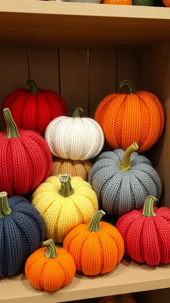 25+ Must-Try Fall Crafts for Adults 8 Colorful upcycled sweater pumpkins in various sizes and shapes on a shelf.