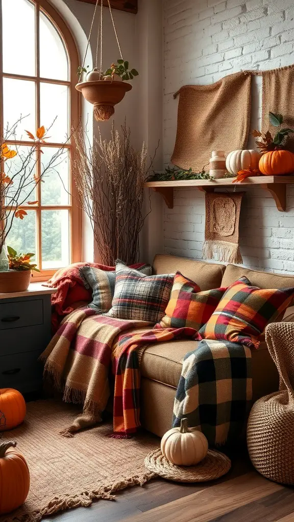 21+ Cozy Fall Decor Ideas from Hobby Lobby 17 Cozy living room with layered fabrics, pumpkins, and fall decor.
