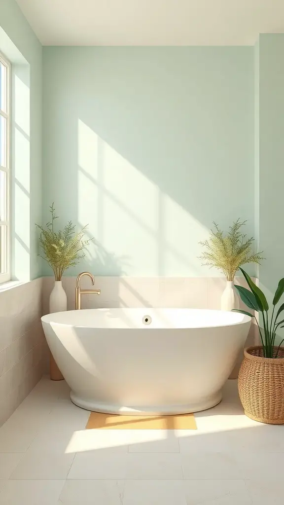 25+ Spa Bathroom Ideas for a Relaxing Retreat at Home 8 A tranquil spa bathroom featuring a mint green wall, a white bathtub, and decorative plants.