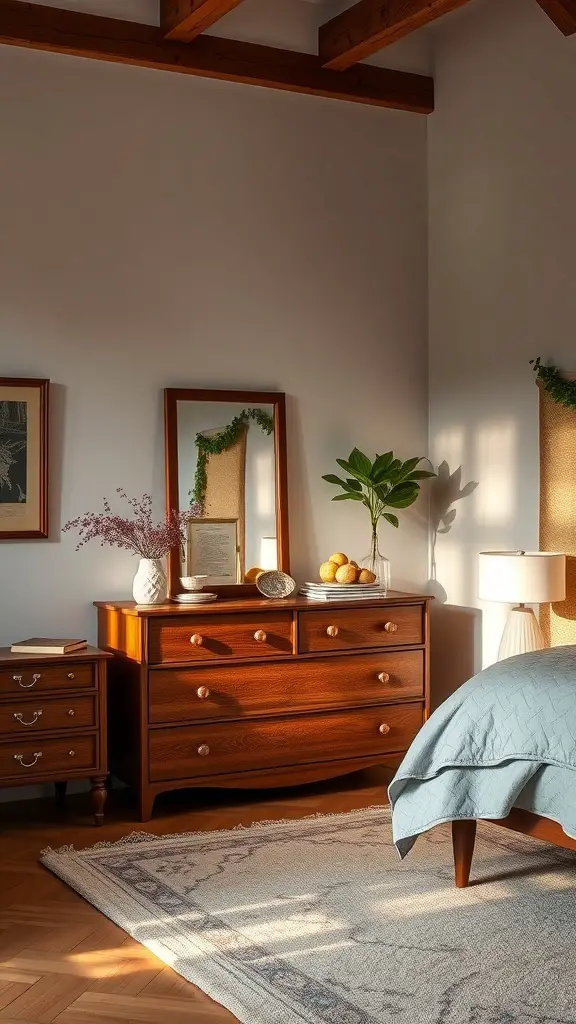 A cozy bedroom featuring vintage-inspired furniture, including a wooden dresser, nightstand, and soft lighting.