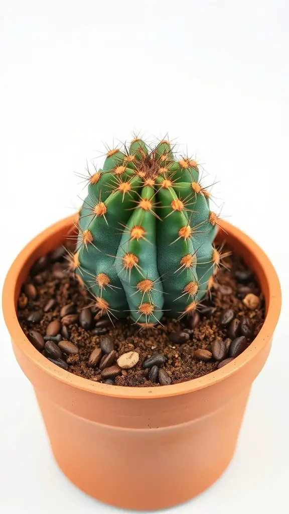 A cactus in a terracotta pot with coffee grounds mixed into the soil.