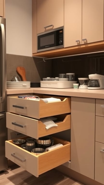 21 Creative Kitchen Appliance Storage Solutions You Need to Try 12 A kitchen with pull-out drawers displaying organized kitchen appliances and utensils.