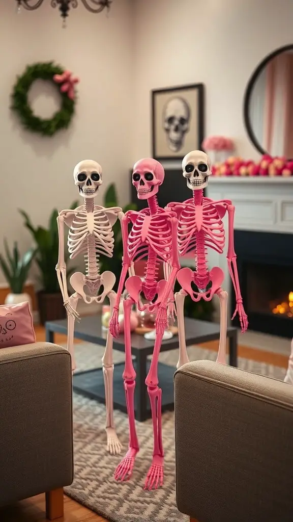 23+ Stunning Pink Halloween Decor Ideas for a Unique Celebration 3 Two pink skeletons standing in a cozy living room, appearing to chat.