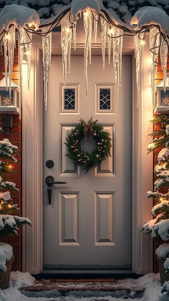 A front door decorated with icicle lights and a wreath, surrounded by snow.