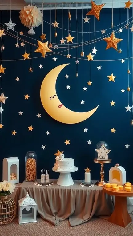 23+ Unique January Baby Shower Themes You’ll Love 8 A beautifully decorated baby shower scene featuring a large moon and hanging stars against a dark blue wall.