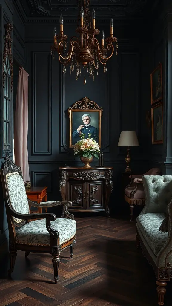 25+ Stunning Dark Feminine Decor Ideas for Your Room 9 A dark feminine room featuring elegant furniture, a chandelier, and ornate decor.