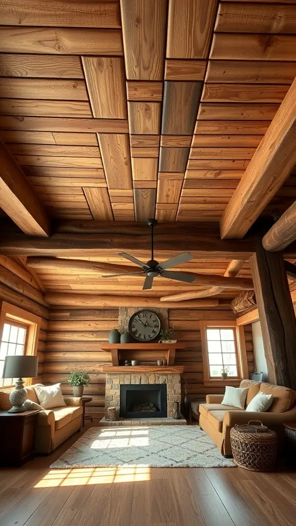 A cozy living room with a rustic wood ceiling featuring barn wood planks, wooden beams, and a stone fireplace.